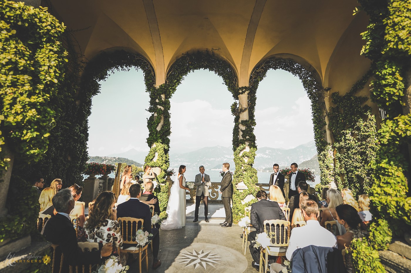 An overview of the beautiful loggia overlooking the lake.